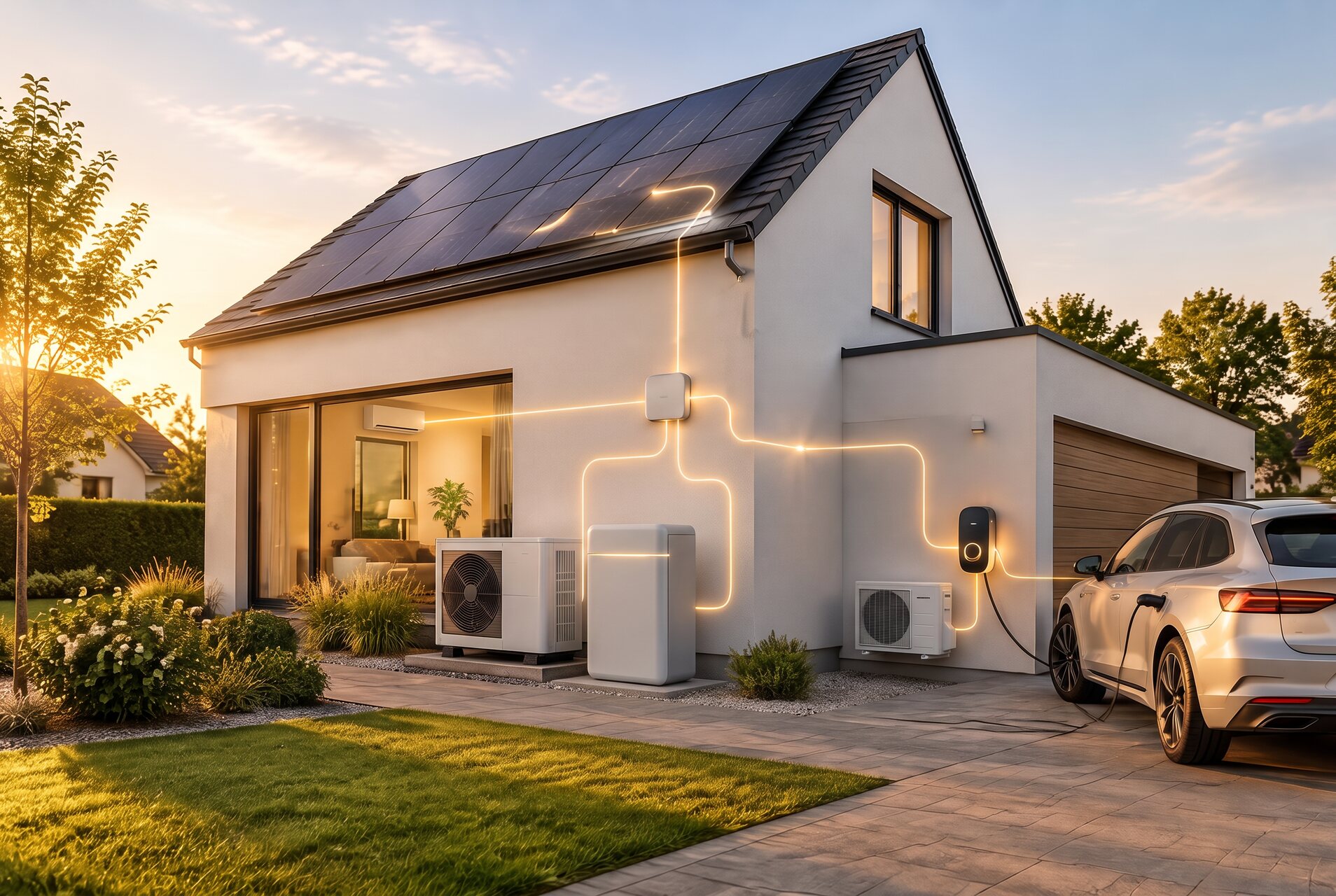 Modernes Einfamilienhaus in Hessen mit Photovoltaik, Batteriespeicher, Wärmepumpe, Klima-Splitgerät, Wallbox und E-Auto bei Tageslicht